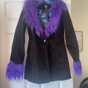 Banana Republic Black Coat with Purple Faux Fur Trim